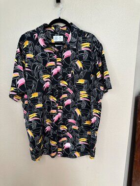 Hurley Mens Toucan Print Button-Up Shirt XXL Black Short Sleeve Tropical Stretch